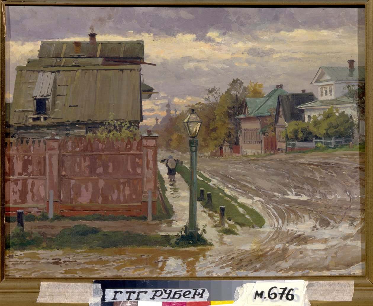 モスクワの通り。 （モスクワの通り）。 Elena Dmitryevna Polenova (1850-1898) による絵画、キャンバスに油彩。 19世紀後半のロシア美術。 国立トレチャコフ美術館、モスクワ。 作： エレナ・ポレノバ