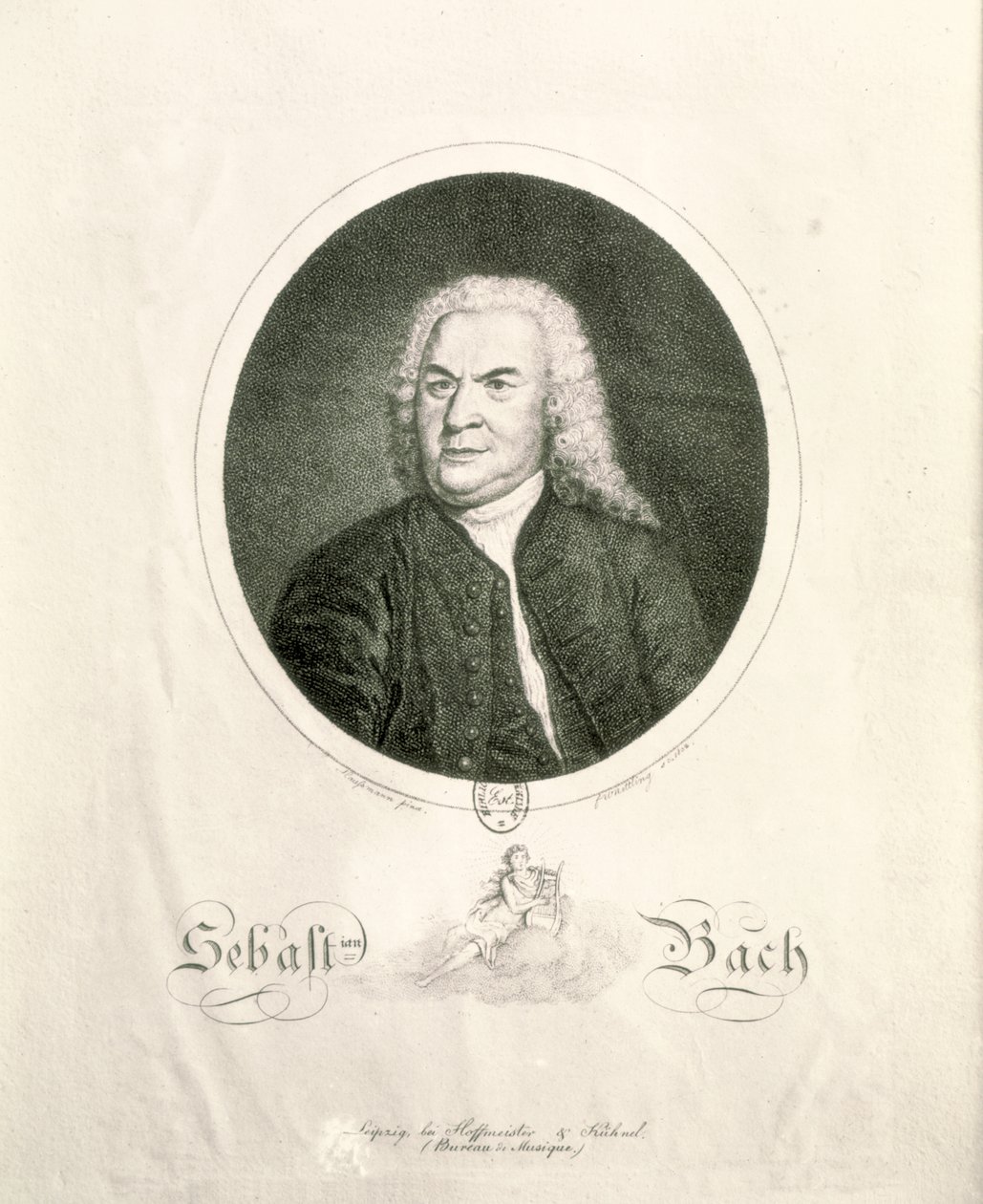 フリードリヒ・ヴィルヘルム・ネトリングによって彫刻されたヨハン・セバスチャン・バッハ（1685-1750）の肖像（彫刻）（bw写真）
