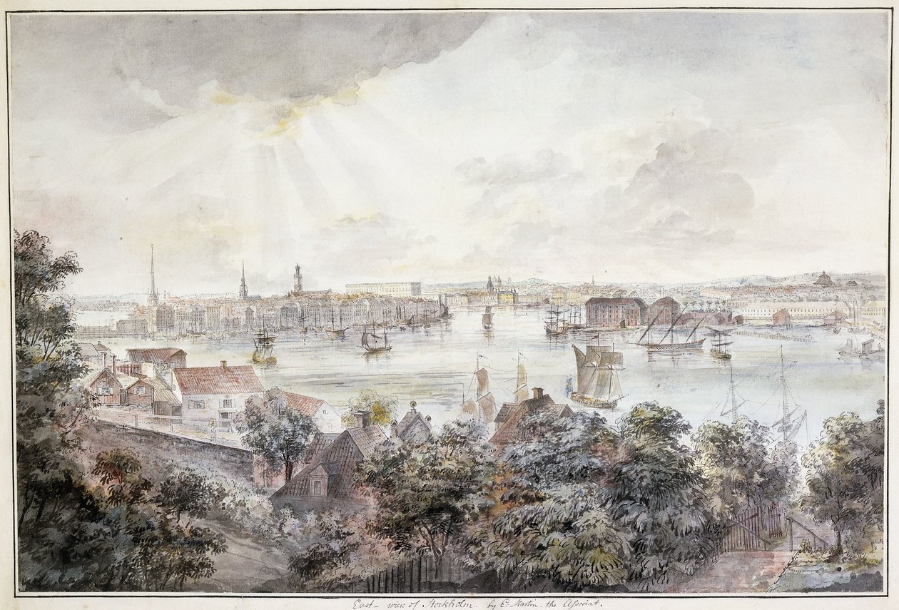 王宮、Storkyrkan、Riddarholmskykan、Tskakykanのあるセーデルからのストックホルムの眺め 作： エリアス・マーティン