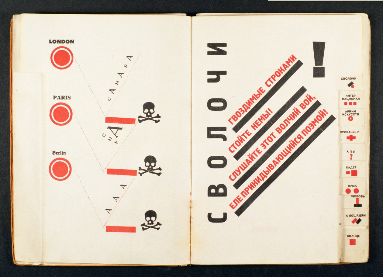 El Lissitsky（1890-1941）pubによって設計されたMayakovsky（1893-1930）による詩のコレクションである「For Reading Out Loud」から頭蓋骨とクロスボーンが広がっています。ベルリン、1923年（86286も参照） 作： エリーゼル・マルコヴィッチ・リシツキー