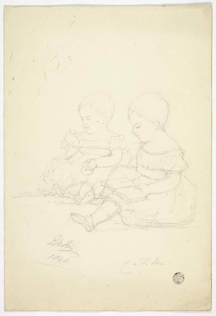 着席した 2 人の女の赤ちゃん (右)、静物画、2 匹の動物 (裏面) 作： エリザベス・マレー