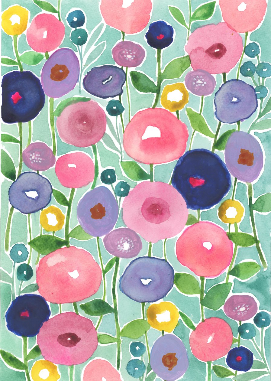 水色の背景に咲くポピー、2018年（水彩画） 作： エリザベスライダー