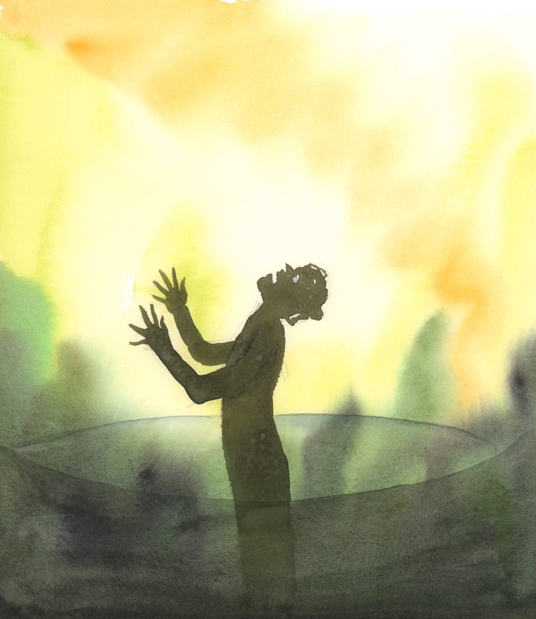 死んで地獄の底に落ちようとしている悔い改めのない魂が、その魂が軽蔑し、その掟を無視した聖なる神--唯一の神--に向かって怒りの声を上げていた 2005年 （紙に水彩画） 作： エリザベス・ワン