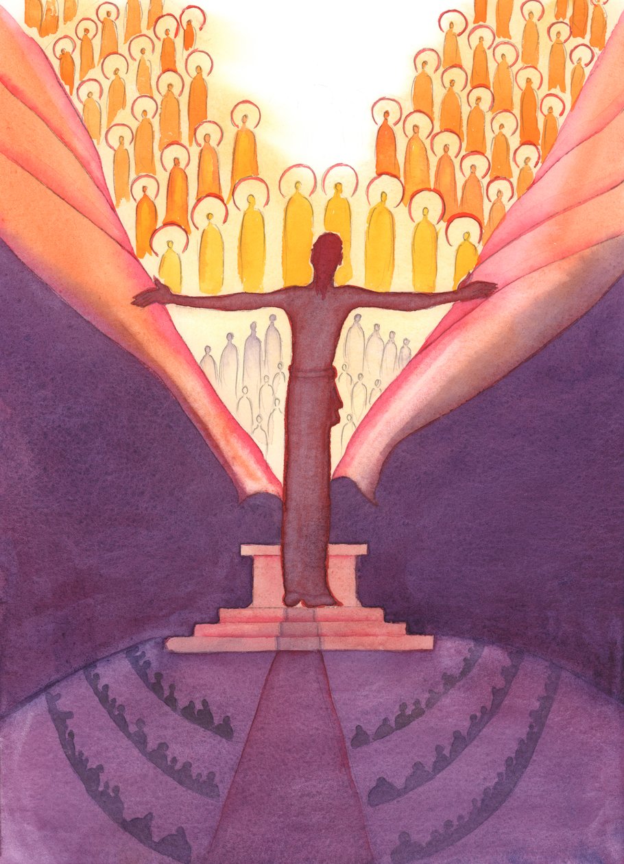 ミサでは、まるで巨大なキリストが祭壇に立ち、手を伸ばして天と地を隠すベールを引き裂こうとしているかのようだ。 作： エリザベス・ワン