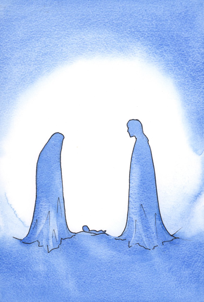 奇跡的な赤ん坊（その母はまだ処女の神聖さで彼の前に立っていた）を見て、聖ヨセフは彼の信仰に対して強力に報われました。、2001年（紙にw - c） 作： エリザベス・ワン