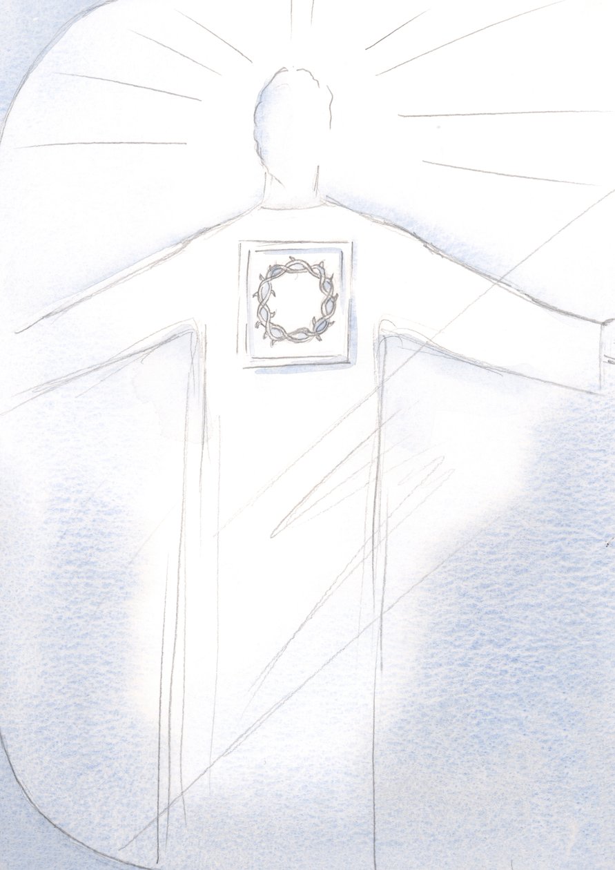 大祭司キリストが威厳を持って登場し、彼のローブには茨の冠のイメージが描かれています、2001年（紙にw - c） 作： エリザベス・ワン