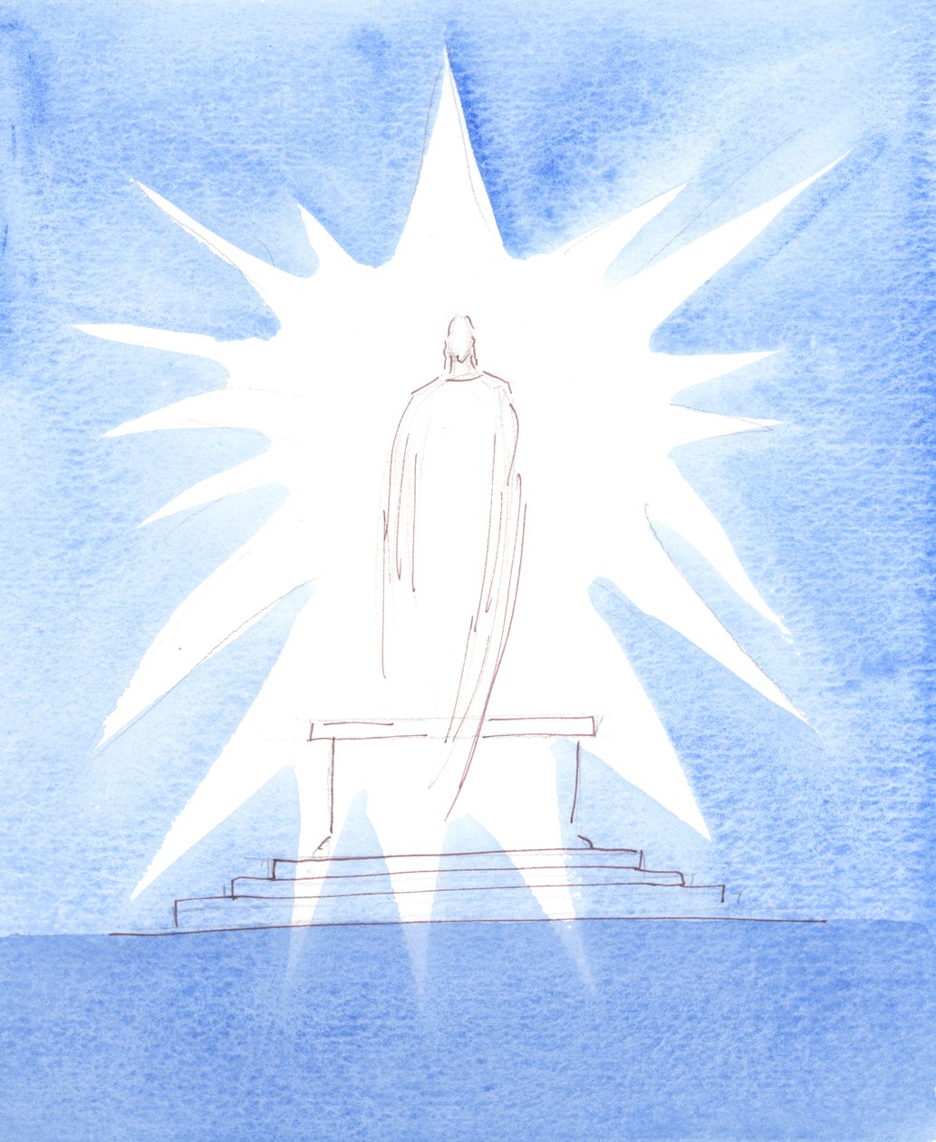 キリストは栄光のうちに奉献式に臨まれ、神の威厳に輝き、人となられた真の神としてご自身を現された。 作： エリザベス・ワン