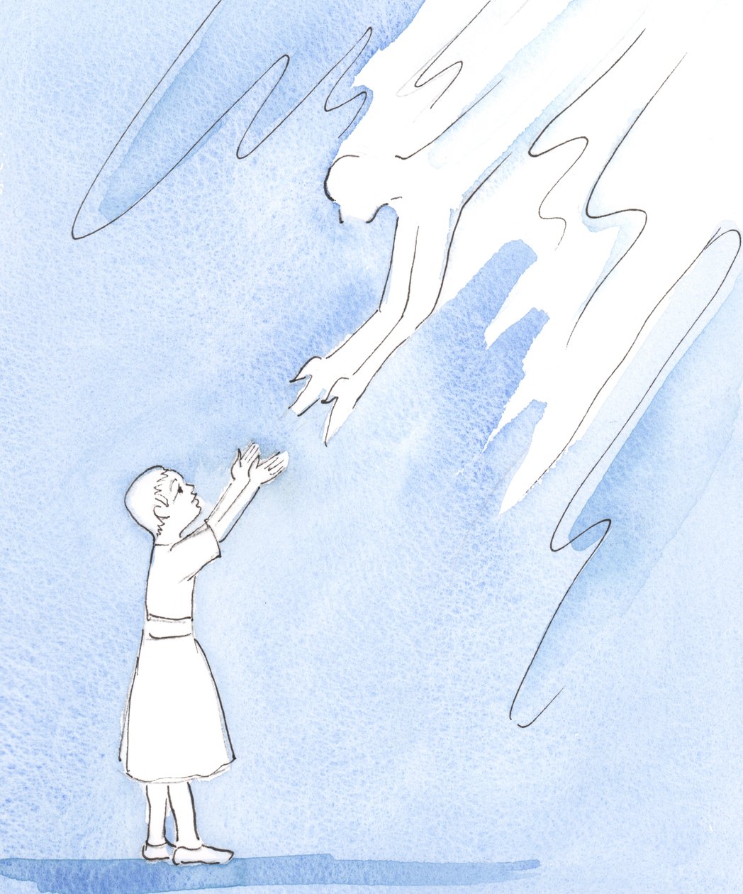 神は彼の「子供たち」の一人からの愛の叫びを、彼の小さな子供からの愛の叫びを聞いた地上の父親が感じた喜びで迎えます、2004年（紙にw - c） 作： エリザベス・ワン