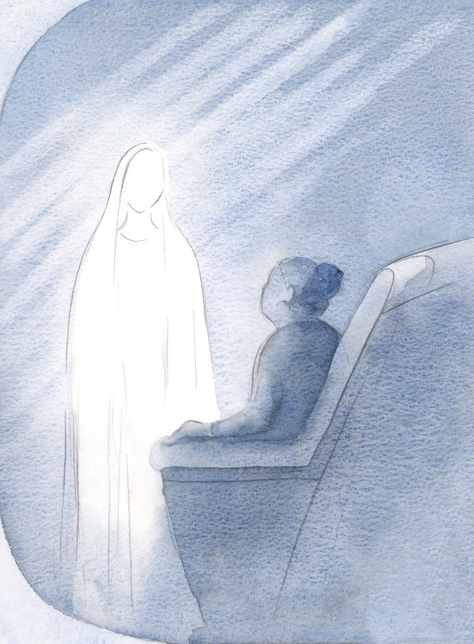 私はこの女王であり真の母親である聖母マリアと一緒に祈り続け、教会と世界のために彼女の助けを求めました。2000年（紙にw - c） 作： エリザベス・ワン