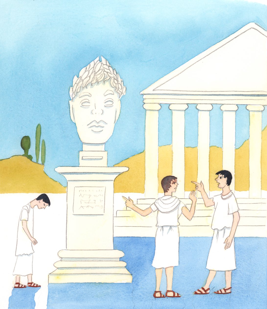 ローマの初代教会では、信仰心の篤いキリスト教徒は、広く神と見なされていた皇帝に香を捧げることはなかった 2005年 （紙に水彩画） 作： エリザベス・ワン