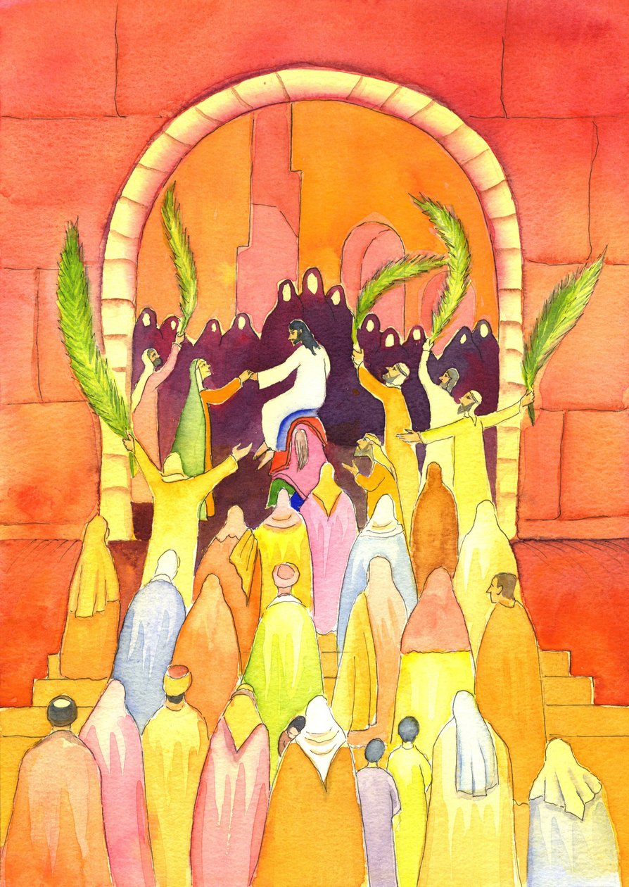 イエスは行列でエルサレムに入る（PalmSunday）、2001年（紙にw - c） 作： エリザベス・ワン