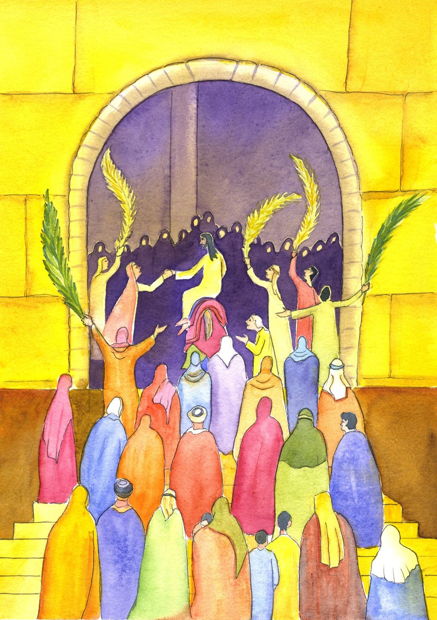 イエスは行列でエルサレムに入る（PalmSunday）、2001年（紙にw - c） 作： エリザベス・ワン