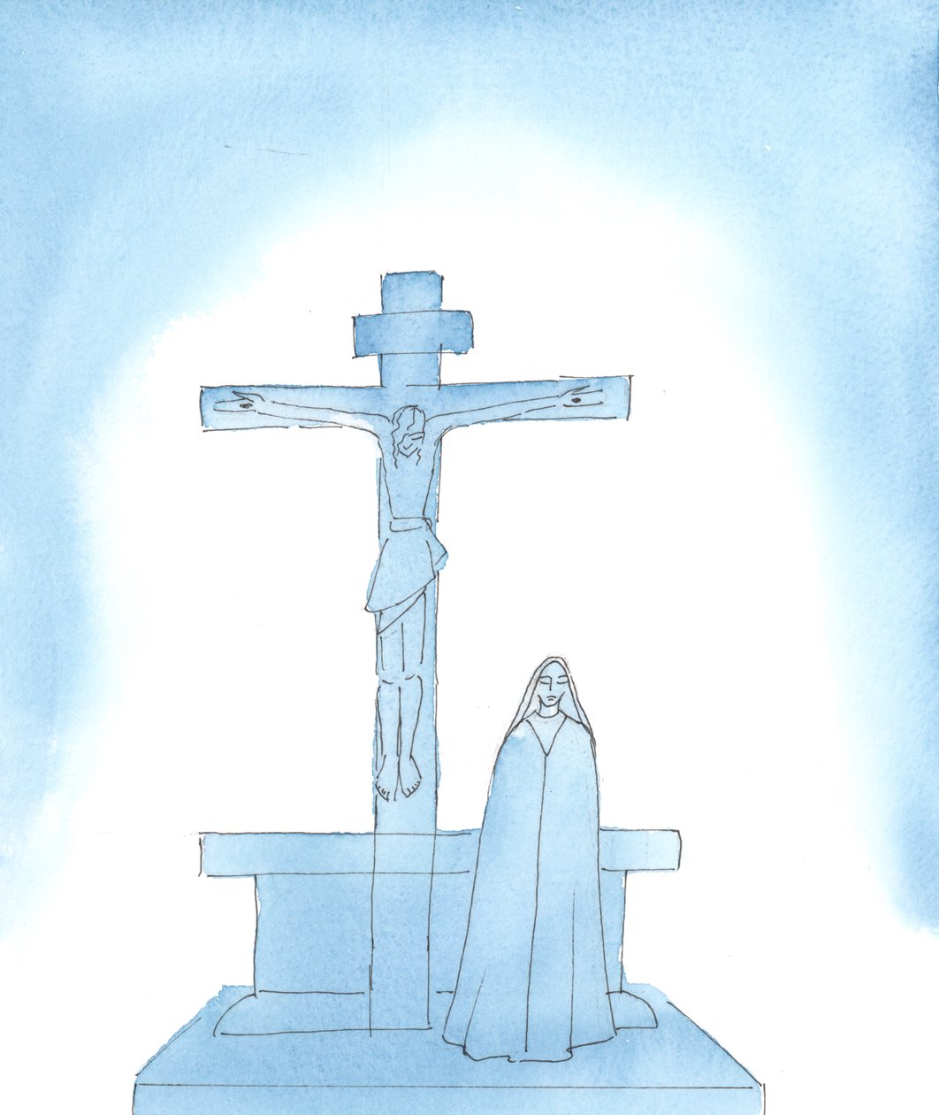 悲しみの聖母愛する息子イエス・キリストが十字架の上で苦しみながら死んだとき、聖母は本当にひどい苦しみを味わった。 作： エリザベス・ワン