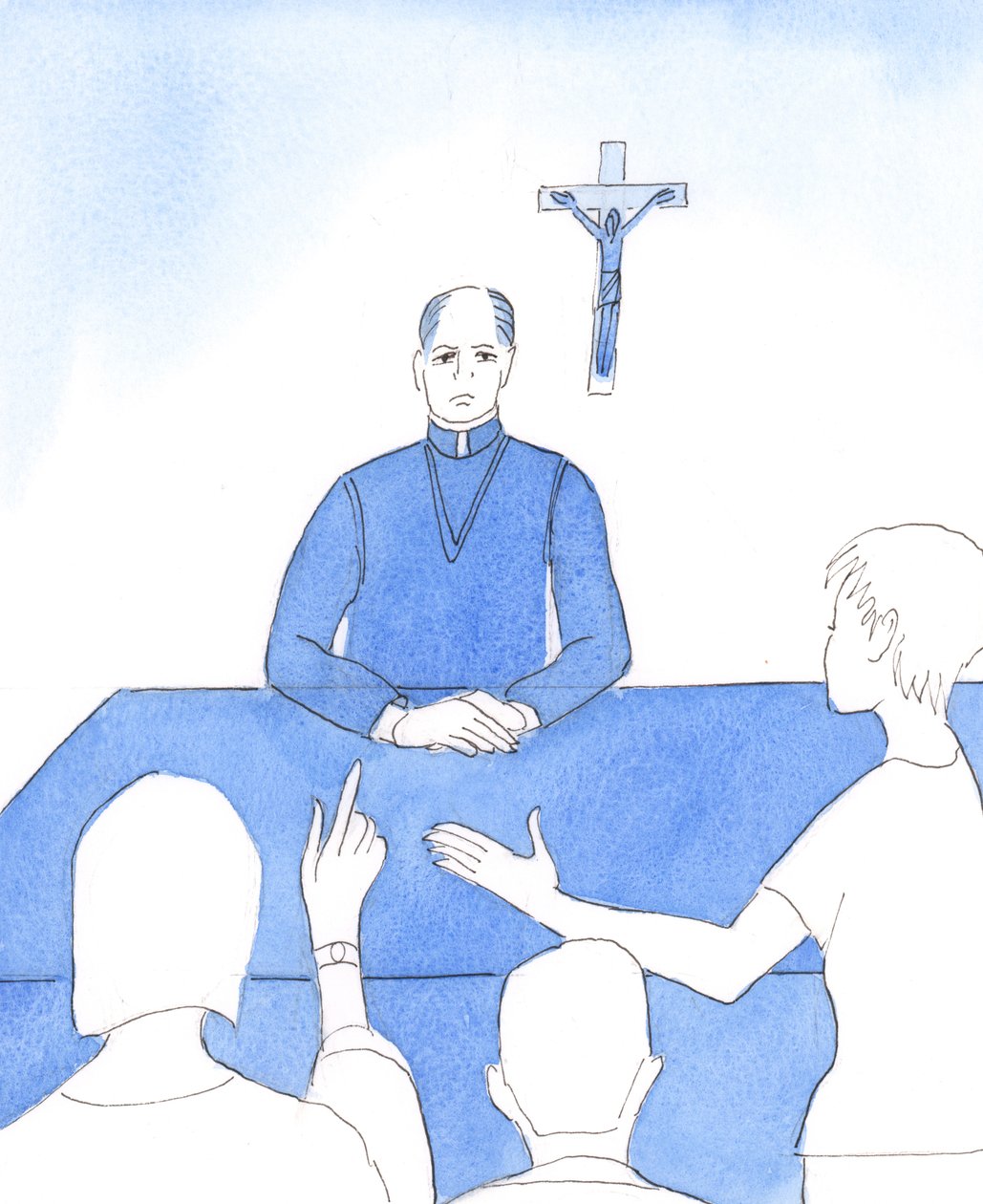 主は司教たちに、自分の人生を振り返るよう求める。例えば、人々を動揺させたり、遠ざけたりすることを恐れて、道徳について発言しなかったことはなかったか」2005年（紙に水彩画） 作： エリザベス・ワン