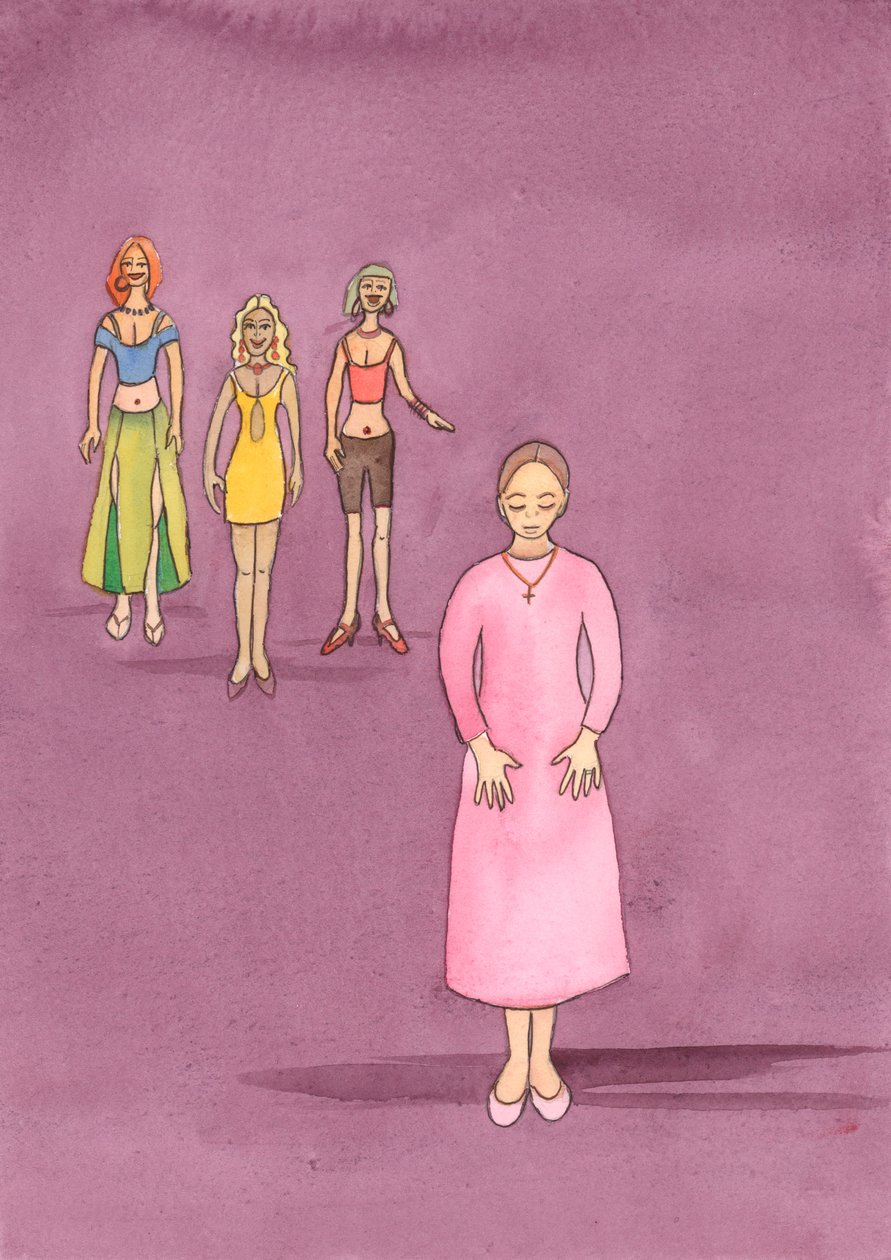 主は女性たちに、聖典に示唆されているように、慎み深い服装をするように招き、そうすることによって、自分自身と他者の貞節を育む助けとなるのである。 作： エリザベス・ワン