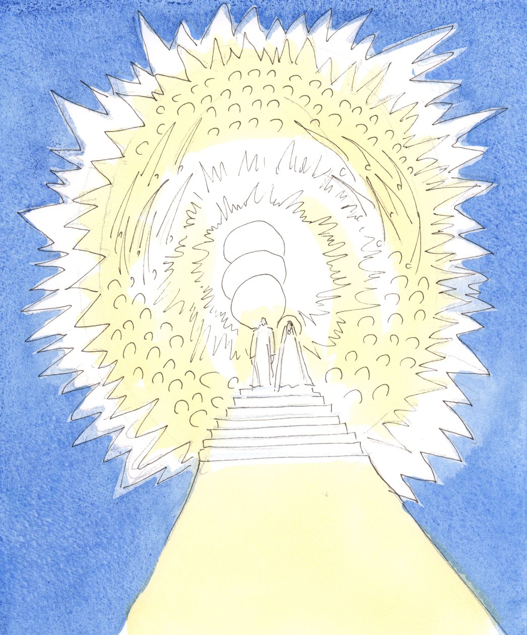 主は私に、天国は神の栄光に満ちた円形の領域のようであり、三人の神の人と天使と聖人によって占められていることを私に示しました、2004年（紙にw - c） 作： エリザベス・ワン