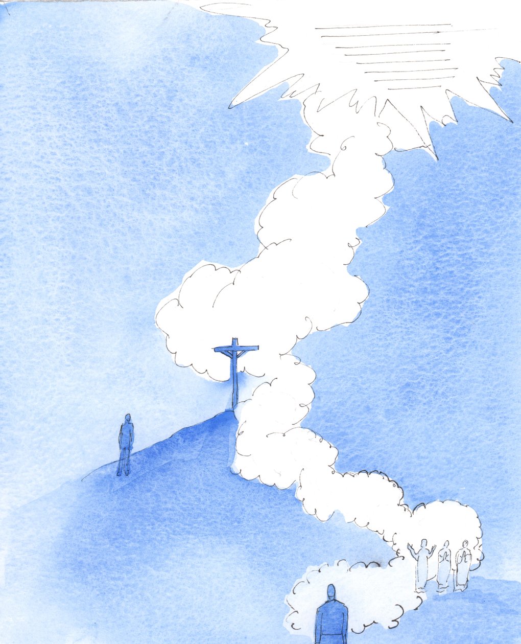 聖人の祈りは、キリストの犠牲の祈りに加わり、十字架から昇り、カルヴァリの捧げ物であるミサの聖なるいけにえを捧げるキリストから今も昇り続けている。 作： エリザベス・ワン