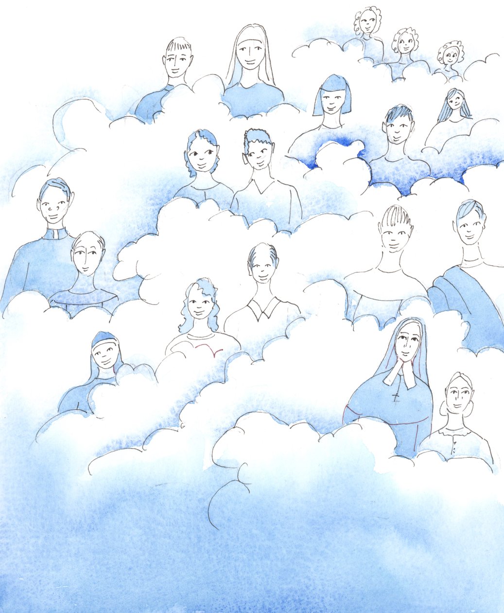 私たちは、古代の絵に描かれているように、聖人が雲の上に座っているのではないことを知っているが、それらの絵を通して示された真実は変わらない。 作： エリザベス・ワン