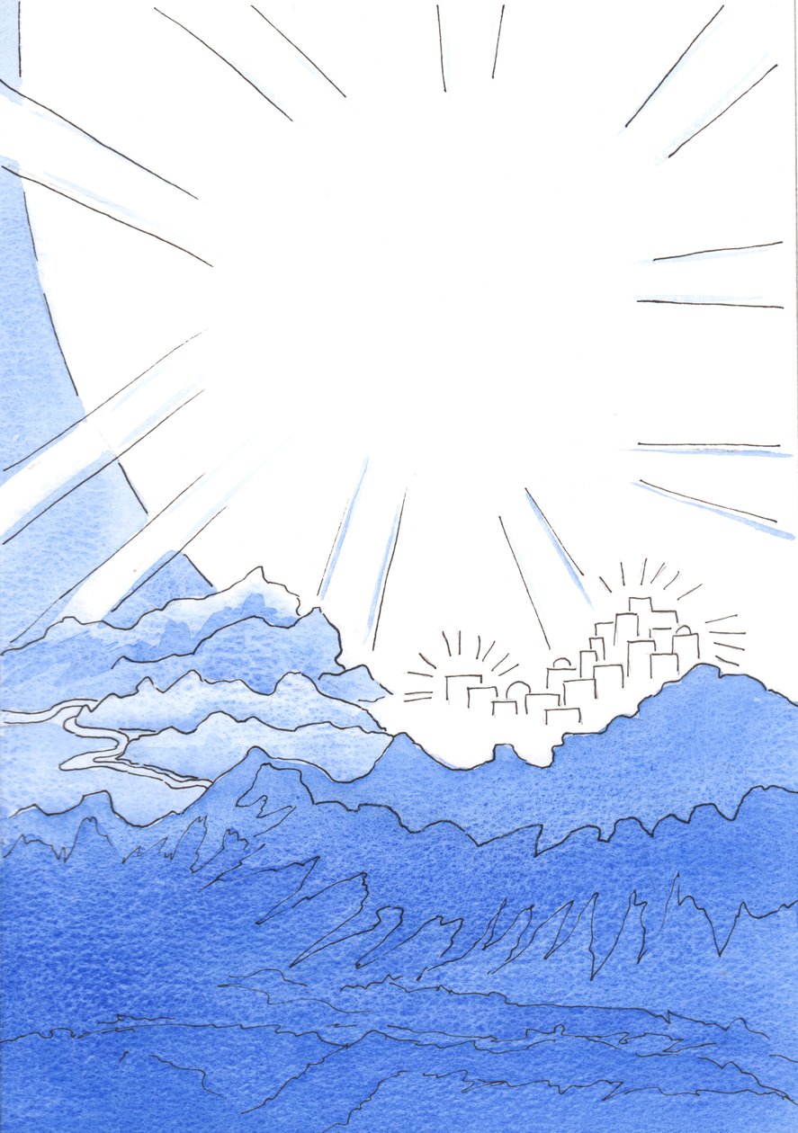 神との至福の一致で地上に住むことは、まるで天の都の端、山の頂上、下の暗い道のはるか上にあるかのように生きることです（紙にw - c） 作： エリザベス・ワン