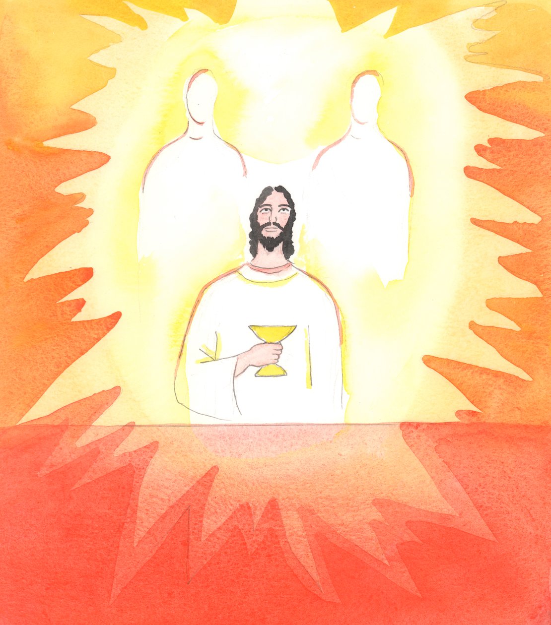 キリストが受難の前に上座の間で祈っておられたとき、聖霊によって天の父に祈っておられた, 2005 (紙に水彩) 作： エリザベス・ワン