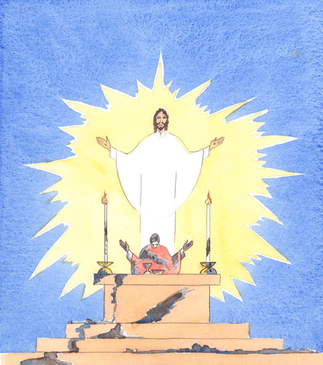 司祭が重大な罪を犯し、悔い改めないとき、その職務を全うするとき、触れるものすべてを汚してしまうようなものだ」2005年（紙に水彩画） 作： エリザベス・ワン