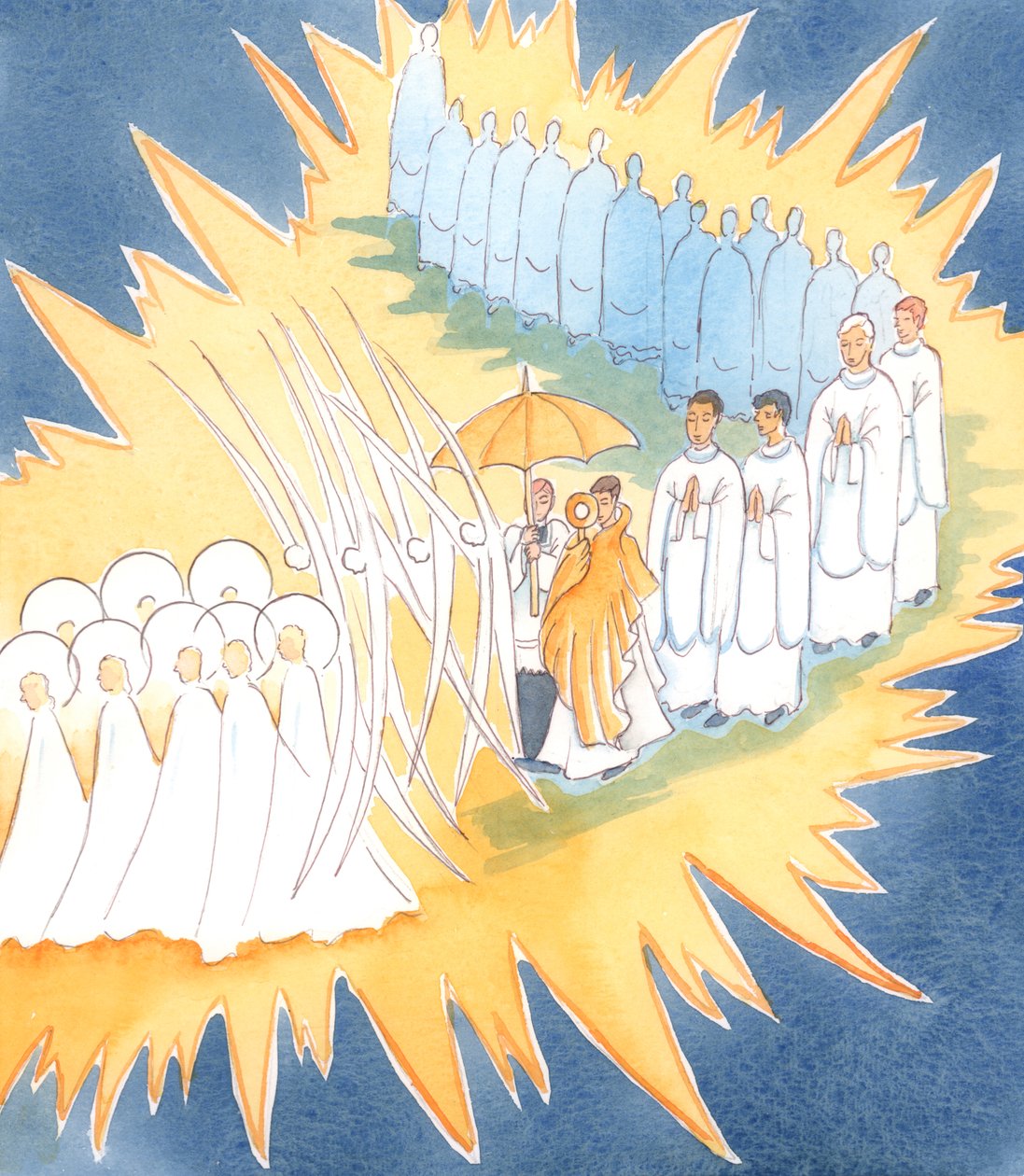私たちが祝福された聖餐式でイエスの臨在を称えるときはいつでも、天使と聖人が私たちの礼拝に参加します、2004年（紙にw - c） 作： エリザベス・ワン