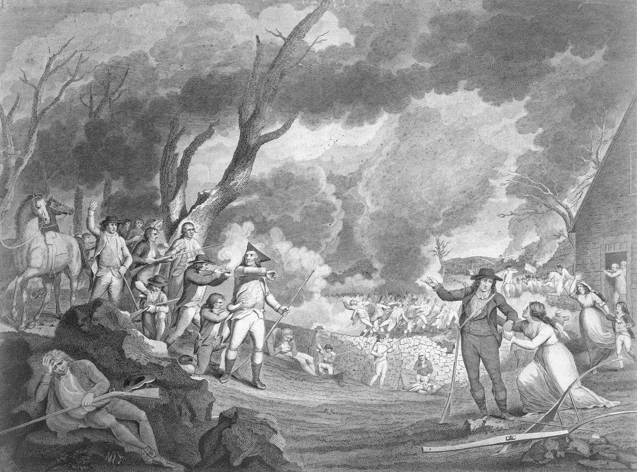 1775年4月19日、レキシントンの戦い、Cornelius Tiebout（c.1773-1832）によって彫刻 作： エルカナ・ティスデイル