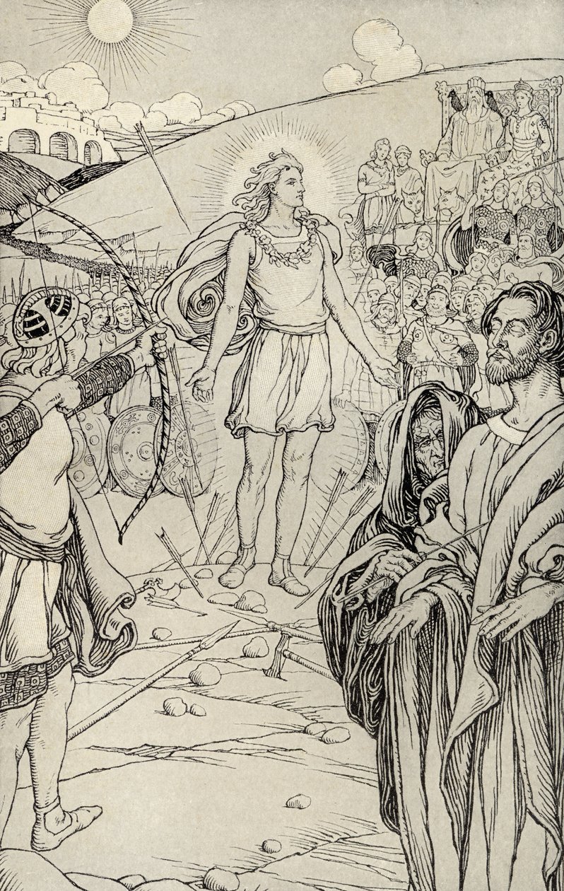 それぞれの矢は彼の頭を撃ちました、「多くの土地からの神話」からのイラスト、1912年に出版されました 作： エルマー・ボイド・スミス