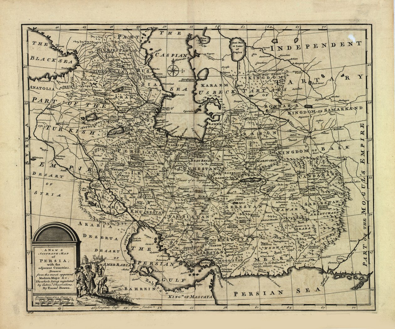 サファヴィッド帝国とムガル帝国を含む、ペルシャの新しい正確な地図 作： エマニュエル・ボウエン