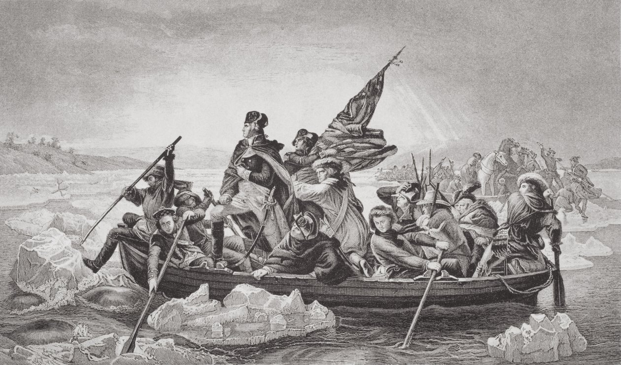 「英語とスコットランドの歴史の図解」第2巻から1776年クリスマス、ニュージャージー州トレントン近くのデラウェア州を横断するワシントン 作： エマヌエル・ゴットリーブ・ロイツェ