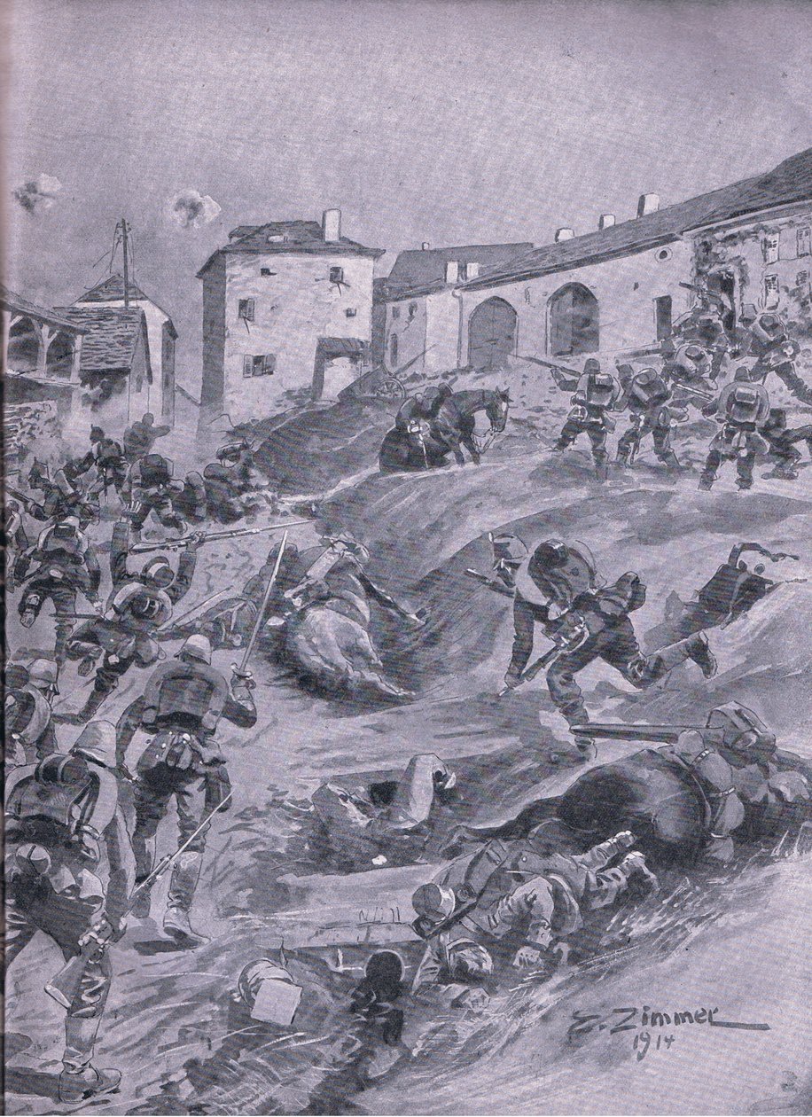 1914年8月、ラガルドのアシャッフェンベルク第2バイエルン猟兵大隊（『図説 世界大戦の歴史1914-1915』（Union Berlagsefellfchaft）より 作： エミル（後）リマー
