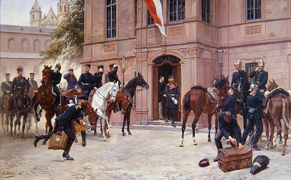 1870年、セダンの戦いに出発するヘッセン・ダルムシュタット皇太子ルートヴィヒ4世がヴォルムスのシュロッシェン前でコーネリアス・ハイルに別れを告げる場面（油彩・キャンバス） 作： エミル・フェンテン