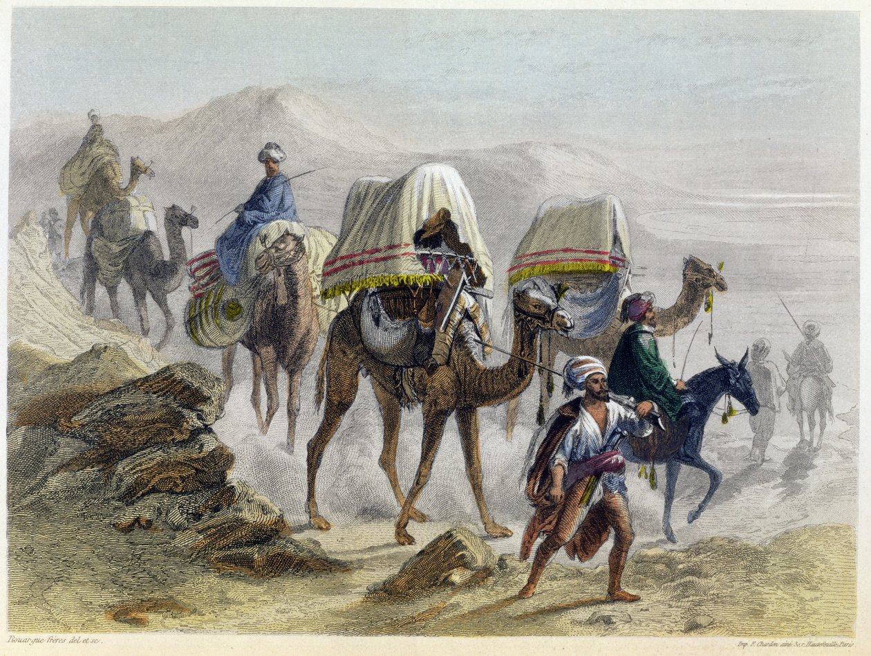 1855年、ルエルグ兄弟によって刻まれた「コンスタンティノープルと黒海」のラクダ列車 作： エミールとルエルグルエルグ