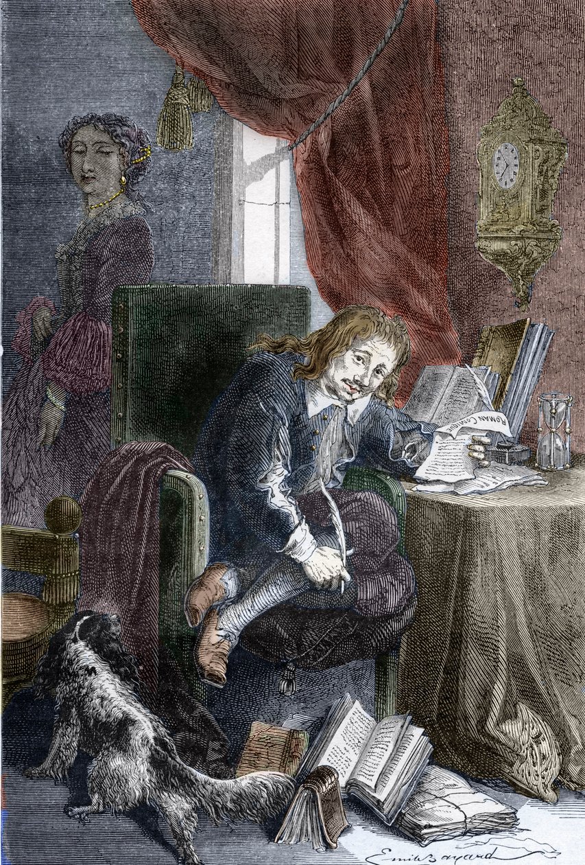 バーレスク コメディのフランス人作家ポール スカロン (1610-1660) の肖像画、彼は無効な椅子に表され、彼の妻フランソワーズ ドービーニュ (後にメンテノン侯爵となった) (1635-1719) は彼の後ろの影に立っています。 - の肖像 作： エミール・アントワーヌ（後）ベヤール
