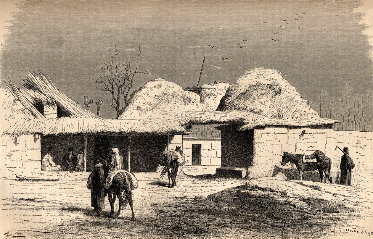 チャールズラプランテ（d.1903）によって彫刻された、「手の中の世界」のイラストが描かれた、ウズベキスタンのタシュケントにある隊商宿、1878年（彫刻） 作： エミール・アントワーヌ・バヤール