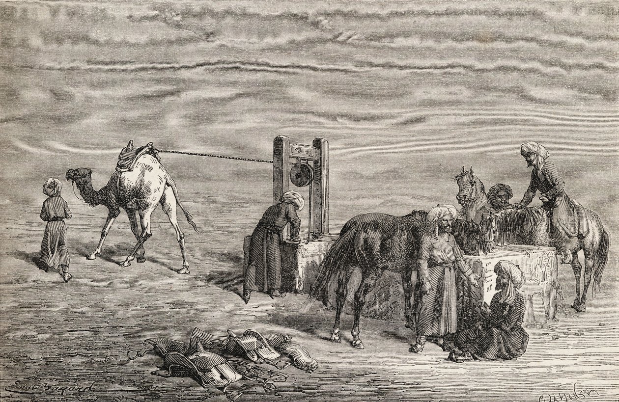 チャールズラプランテ（d.1903）によって彫刻された「手の中の世界」からのイラスト、1878年に出版されたサマルカンドとウズベキスタンのカルシの間の砂漠にある井戸 作： エミール・アントワーヌ・バヤール