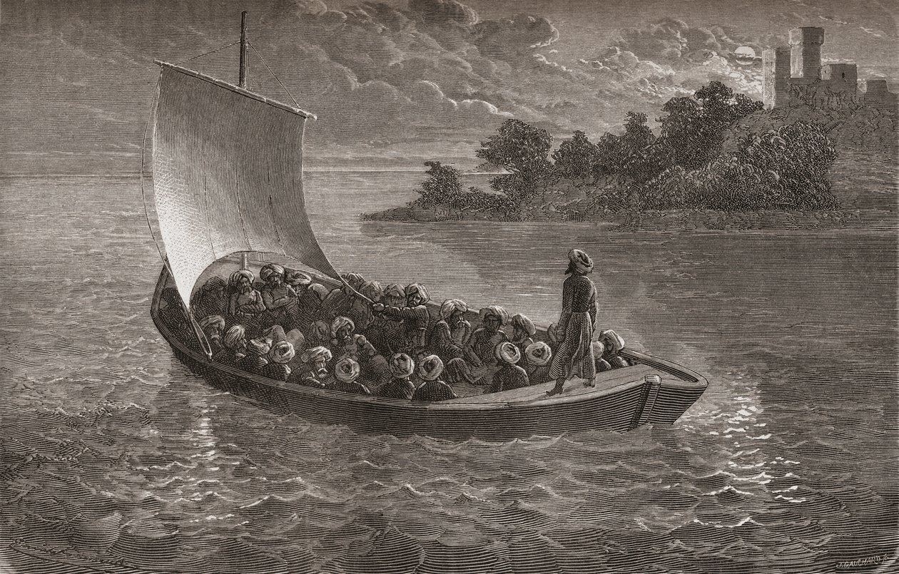 1863年にカスピ海を航行するアルミニオヴァンベリーとその仲間たち、ガシャールによって刻まれた「手の中の世界」のイラスト、1878年公開 作： エミール・アントワーヌ・バヤール