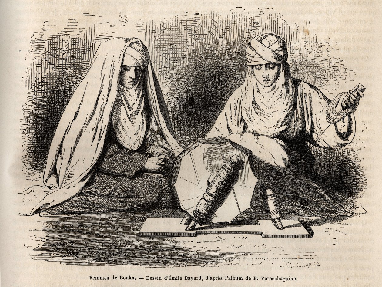 Boukhara（ウズベキスタン）の女性たち、紡ぐ仕事をしているところ。1867年から1868年にかけてのBasile Vereschaguineの中央アジアへの旅を説明するために、Emile Bayardが描いた絵の後のエングレーヴィング。 作： エミール・アントワーヌ・バヤール