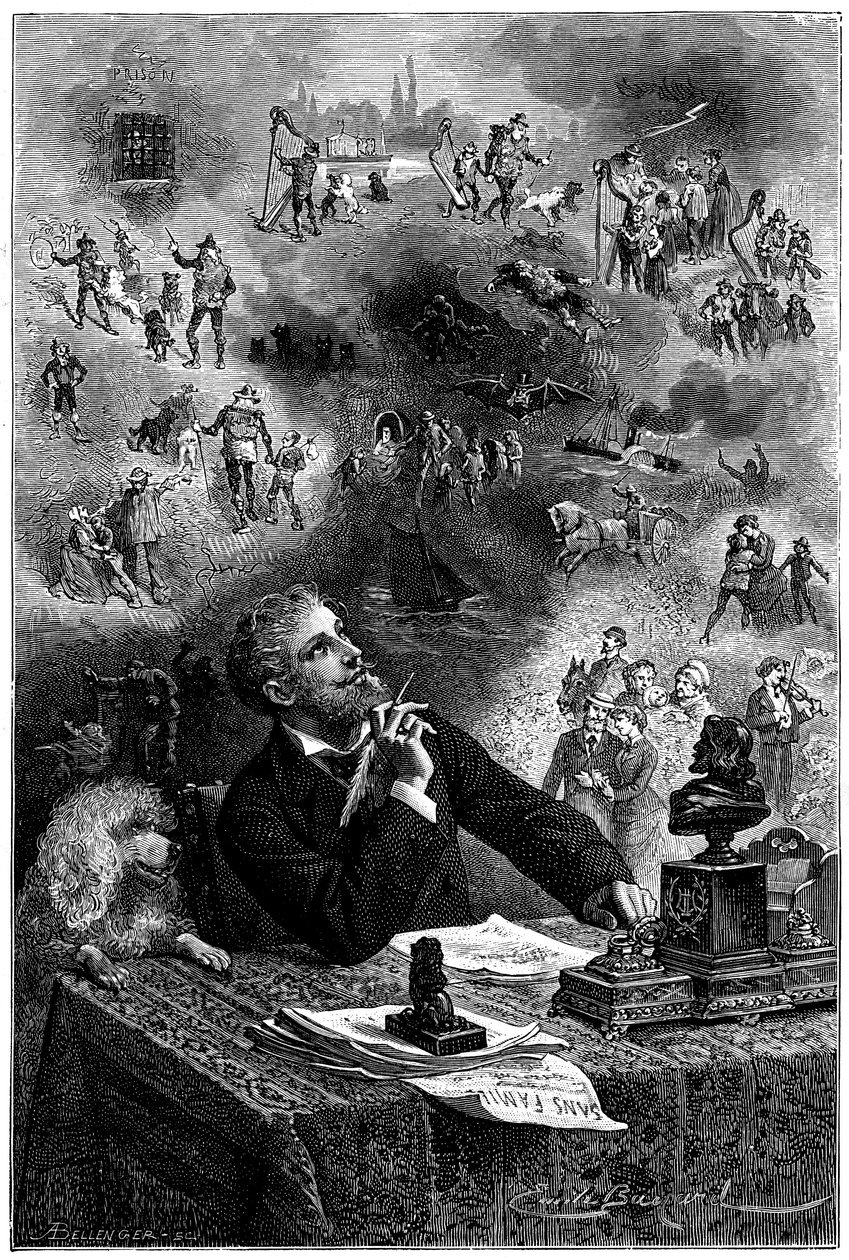 Emile BayardによるHetzel 1880年版Hector Malotの小説 "Sans Famille "の扉絵：作業机の上で登場人物や本の横糸を想像する作家 - Remiと旅芸人Monsieur Vitalisの一座のメンバーたち 作： エミール・アントワーヌ・バヤール