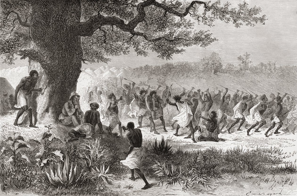 1871年の遠征中に戦いの準備をしているVouagogos部族を見ていたHenry Morton Stanley、「The World in the Hands」のイラスト、1878年公開 作： エミール・アントワーヌ・バヤール
