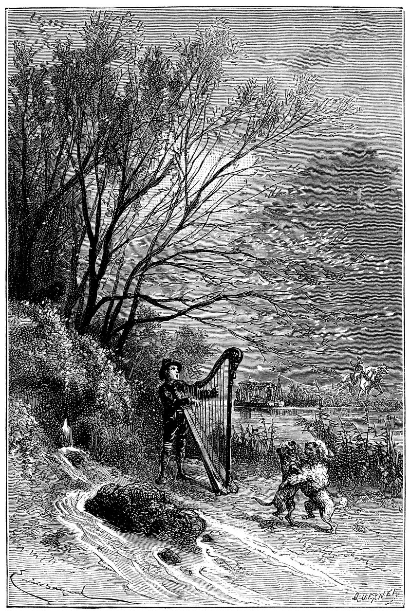 Illustration von Emile Bayard für Hector Malots Roman „Sans Famille“: Remi singt mit der Harfe, während seine Freunde tanzen, die gelehrten Tiere der Truppe von Monsieur Vitalis, reisender Künstler - die beiden Hunde Capi und Dolce - Straßenmusiker, Gaukle von Emile Antoine Bayard