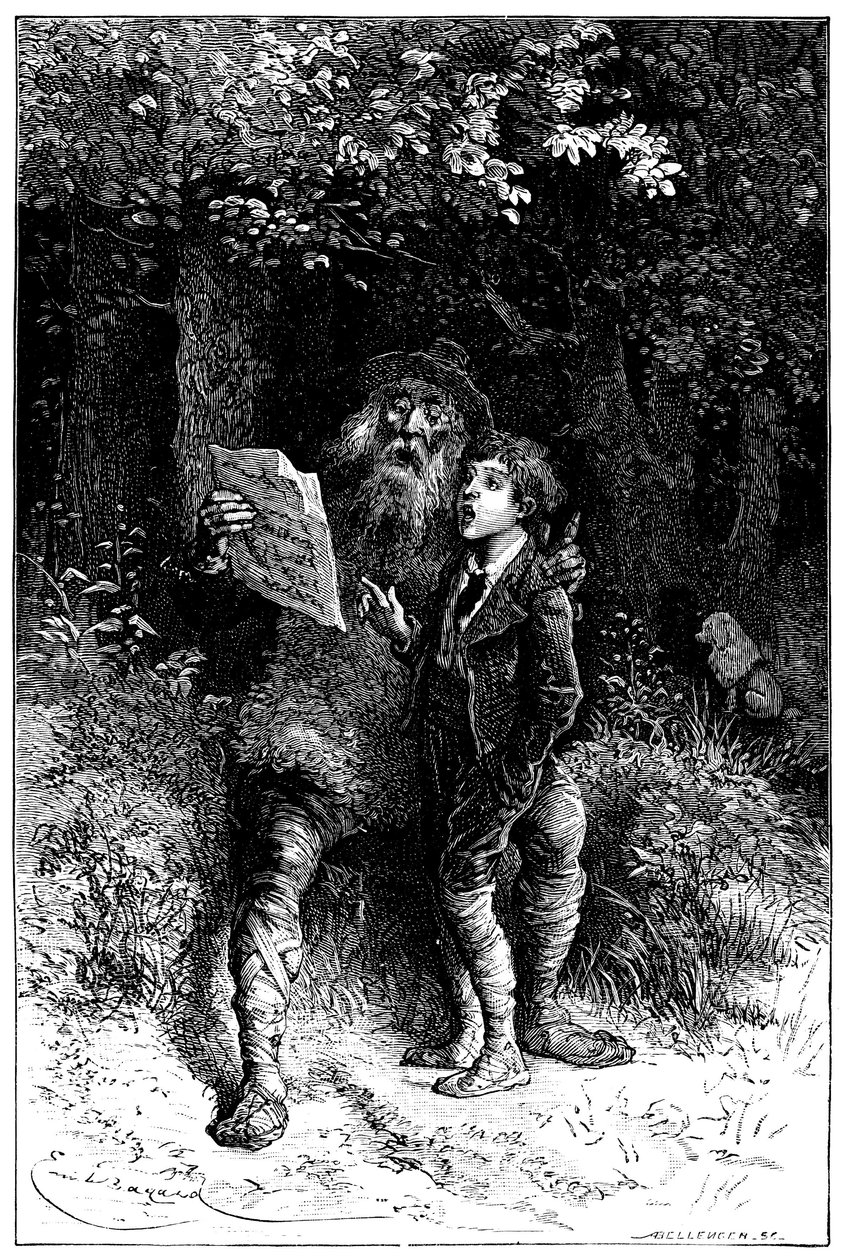 Emile BayardがHector Malotの小説 "Sans Famille "のために描いたイラスト。レミはムッシュ・ヴィタリスと一緒に歌います。旅するアーティスト、ストリートミュージシャン、ソルティンバンク、Edition Hetzel 1880 作： エミール・アントワーヌ・バヤール