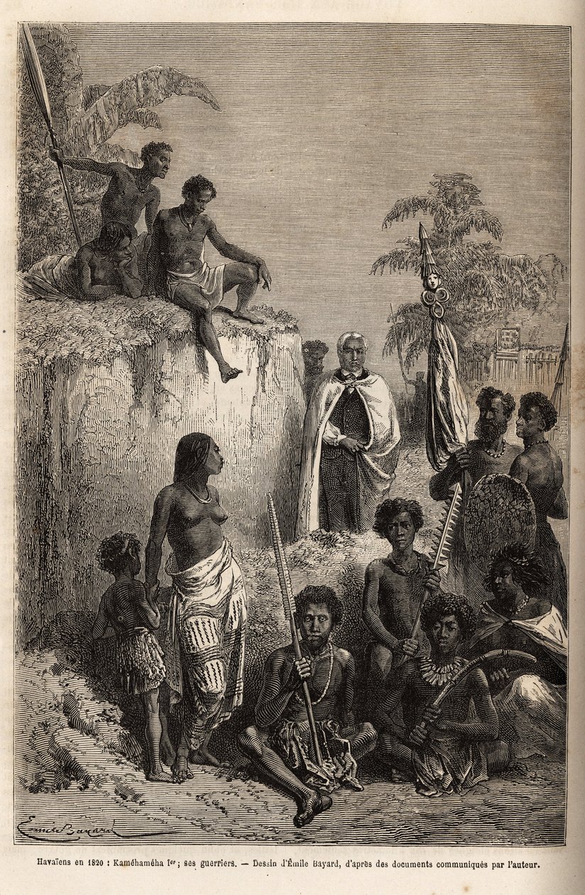 Kamehameha I. (ca. 1758-1819), König der Hawaii-Inseln und Gründer ihrer Einheit, umgeben von hawaiianischen Kriegern und einigen Untertanen in Honolulu, Gravur nach der Zeichnung von Emile Bayard, zur Illustration der Reise zu den Sandwich-Inseln, 1855-69 von Emile Antoine Bayard