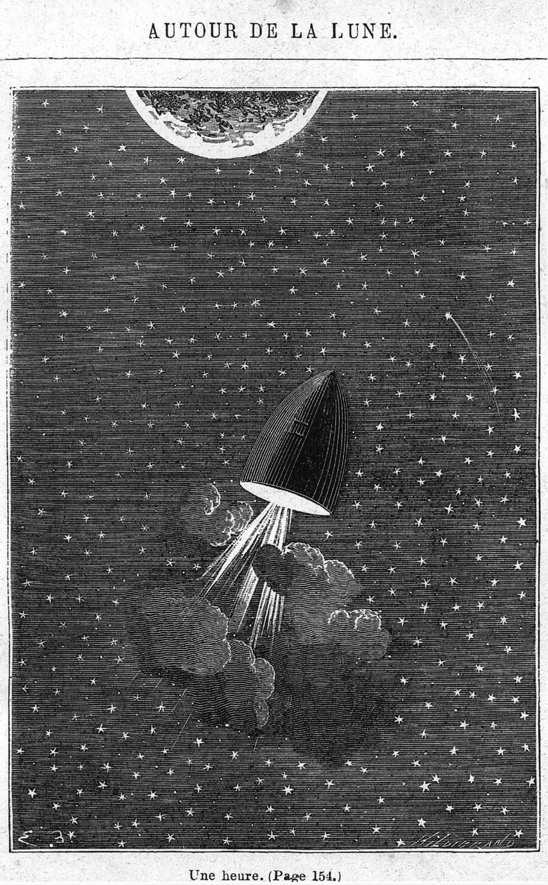 月に向けて出発、ジュールヴェルヌ（1828-1905）による「月の周り」のイラストパリ、ヘッツェル、アンリテオフィルヒルディブランド（1824-97）による彫刻 作： エミール・アントワーヌ・バヤール