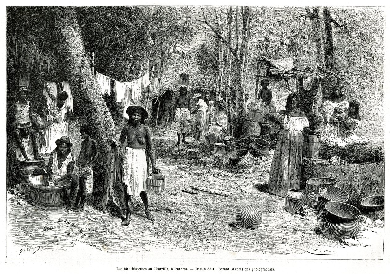 Les blanchisseuses au Chorillo, Panama, E.BAYARDの図面に基づくエングレーヴィングで、1876年から1878年にかけて船の中尉であったA.RECLUSが行ったパナマとダリエンの島での探検の物語を説明するためのもので、tour du monde誌に掲載された。 作： エミール・アントワーヌ・バヤール