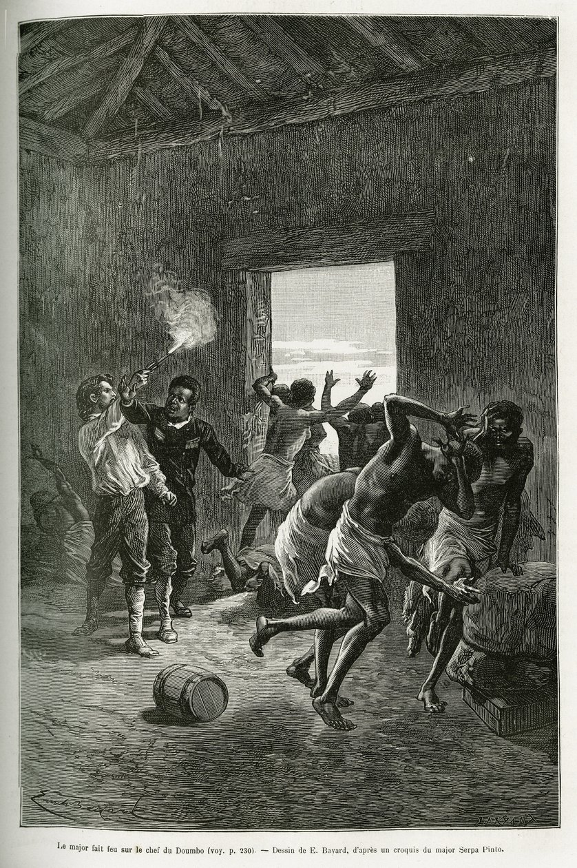 Major Serpa Pinto schoss auf den Dorfchef oder wurde gestoppt, weil er noch mehr Brandy im Austausch für seine Gastfreundschaft verlangte. Gravur von Emile Bayard, zur Illustration der Geschichte, wie ich Afrika durchquert habe, vom Atlantischen Ozean bis  von Emile Antoine Bayard