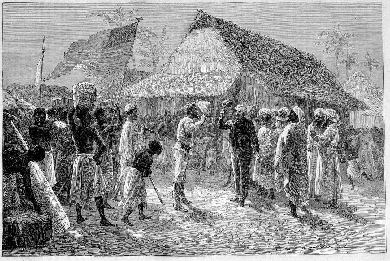 ヘンリー・モートン・スタンレー卿（1841-1904）とデイヴィッド・リヴィングストン（1813-1873）の出会い（"Le Tour du Monde "にて 作： エミール・アントワーヌ・バヤール