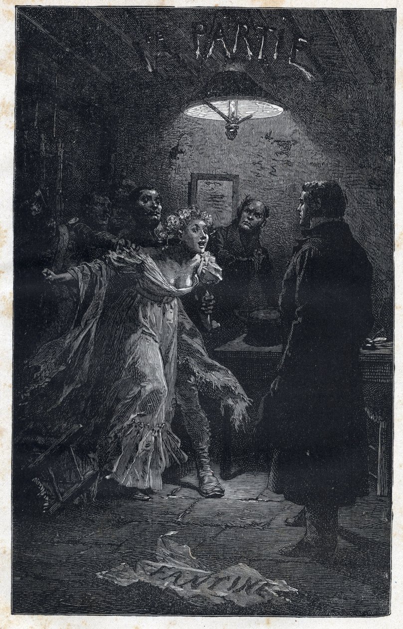 ジャベールに逮捕されたファンティーヌを助けに来たムッシュ・マドレーヌ - エミール・バイヤール（1837-1891）による「Les miserables - Premiere partie」の挿絵。ヴィクトル・ユーゴー（1802-1885）の『ファンティーヌ』（1862年）の挿絵 作： エミール・アントワーヌ・バヤール