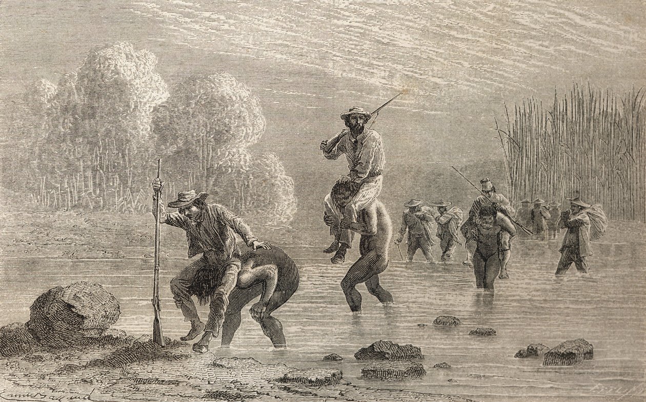 ポールマルコイと彼の遠征は1874年にチュンチョインディアンによってアルゼンチンの沼地を横切って運ばれ、「手の世界」のイラスト、1878年に出版されました 作： エミール・アントワーヌ・バヤール