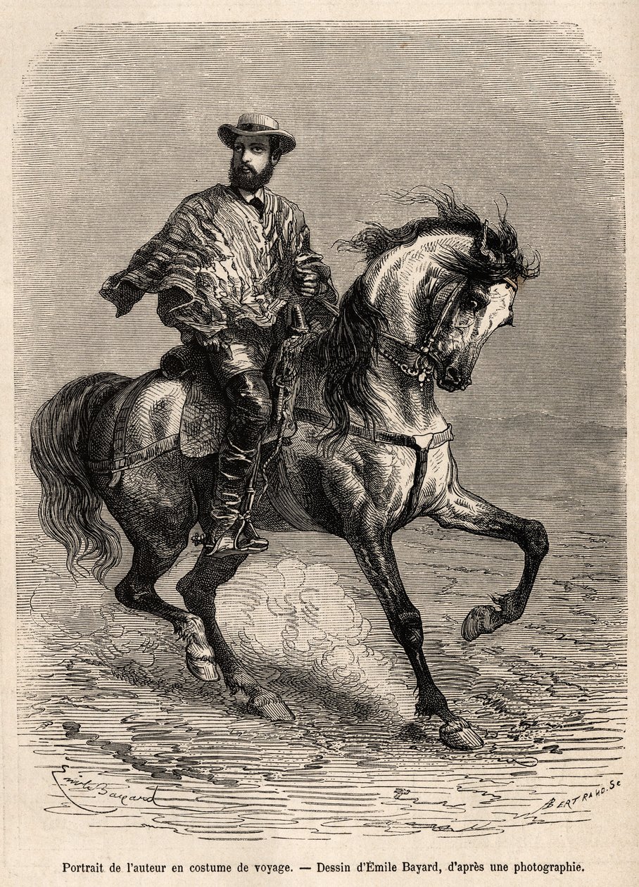 1870年から1874年にかけてエンジニアのA.ブレッソンが「Le tour du monde」に掲載したアカタマとカラコレス（南アメリカ）の砂漠での物語を描いたエミール・バヤールの絵をもとに、旅行用の衣装を着て馬上にいる著者の肖像をエングレーヴィングしたもの。 作： エミール・アントワーヌ・バヤール